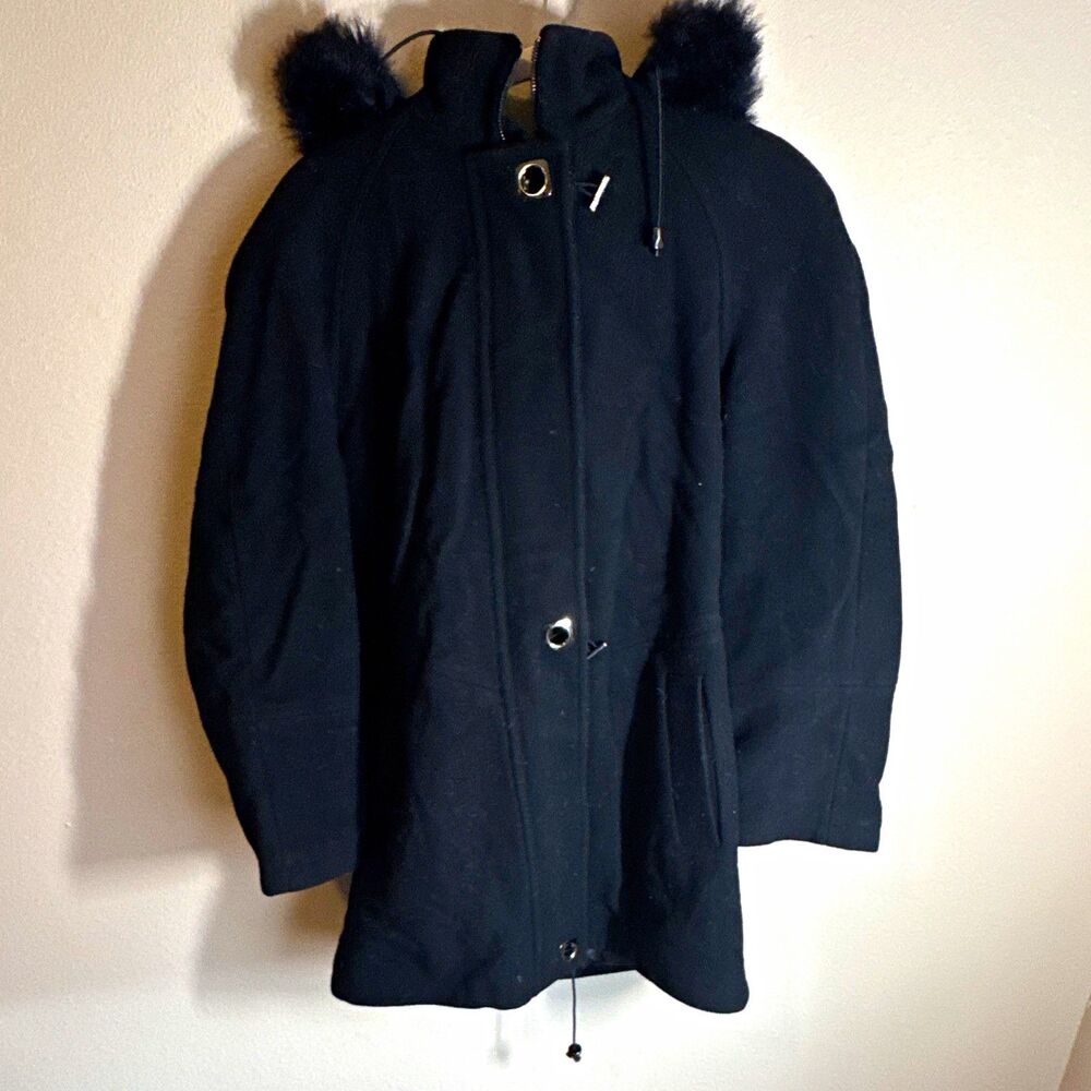 FS Limited Women’s Black Wool Hooded Faux Fur Trim Lined Parka Coat L